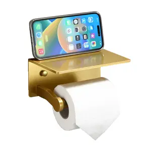 Self Adhesive Brushed Gold Toilet Paper Holder With Shelf Toilet Paper Roll Holder Toilet Roll Paper Holder