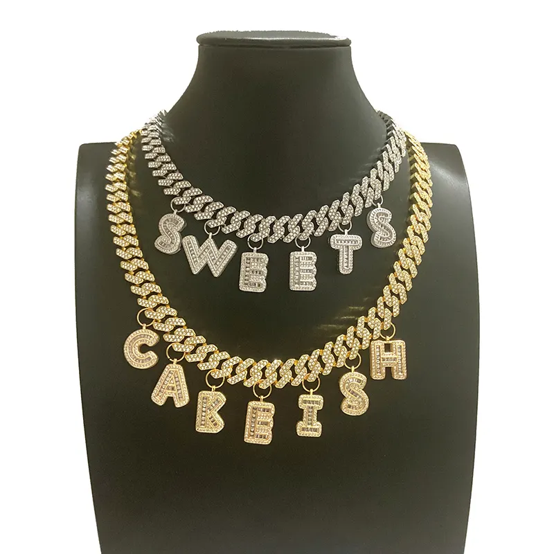hot style new custom alloy 12mm rap hip hop iced out rhinestone strip cuba link chain with DIY stitching letter