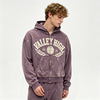Hoodie Zipper Heavyweight Sun Faded Dirty Spray Streetwear dengan Logo Valley High Bordir, Pakaian Fashion Grosir