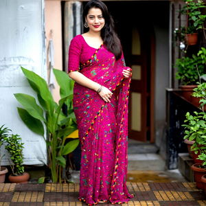 Sari de Algodón Rosa con Estampado Digital, Estilo Moderno Informal para Mujer, Estilo India-Pakistán, Largo hasta el Suelo, Corte Regular, Protección Solar - Product Image 1