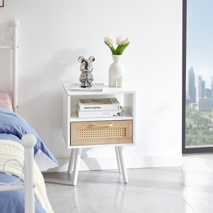 Rattan End Table With <b>Drawer</b> Solid Wood Legs Modern Nightstand <b>Side</b> Table White Bedroom Living Room - Product Image 1