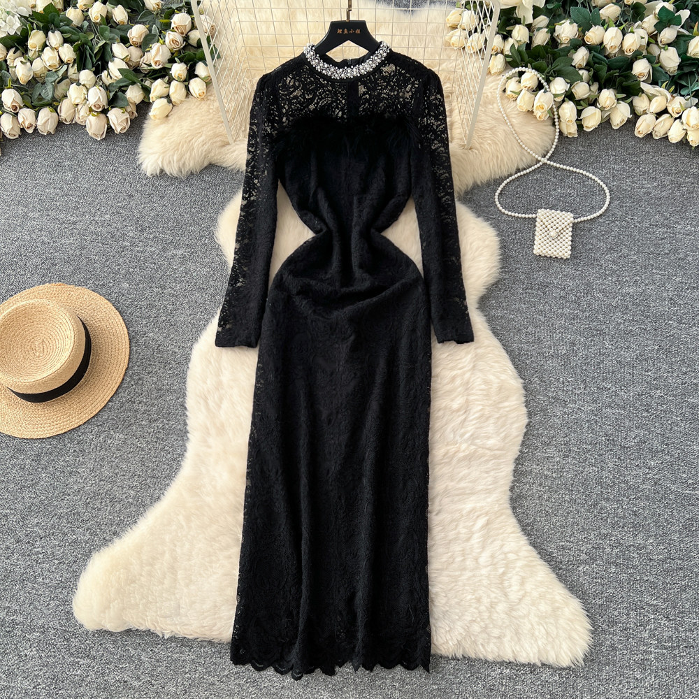 high neck long sleeve black lace dress Long Lace Gown with Sheer Sleeves and High Neckline 39034