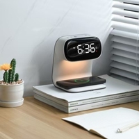 Creatieve draadloze oplaadbare LED-bureaulamp met snelladen, wekker en milieuvriendelijk nachtlampje voor telefoon