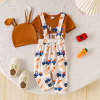 Tenue de Pâques pour bébé, ensemble 3 pièces, body à manches courtes, pantalon à bretelles imprimé avec chapeau à oreilles de lapin, Costume de Pâques pour bébé garçon
