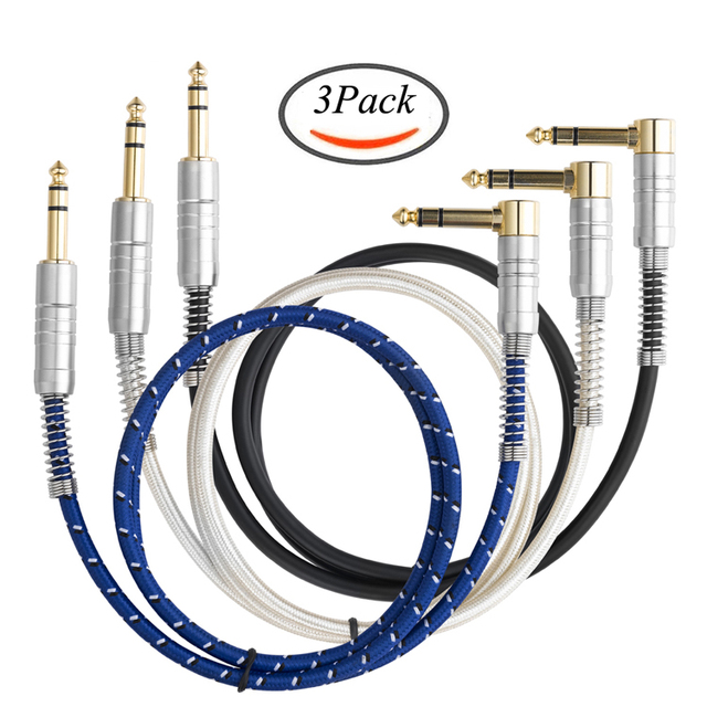 Bochara 1/4'' Jack 90degree 6.35mm TRS Male to Male Stereo Audio Cable Dual Shielded for Electric Guitar Mixer Amplifier 3Pack