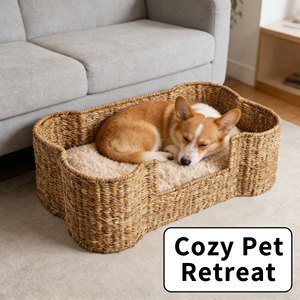 Houten vormgegeven zeegras honden- en kattenbedje, knus rustgevend huisje, handgemaakt dierenmandje - Product Image 6