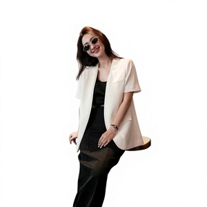 Wholesale Women's HAGOO Solid Loose-Fitting Wool Blend Blazer Embroidery V Neck Collar Pockets Short Sleeves Outerwear B8137 - Product Image 1