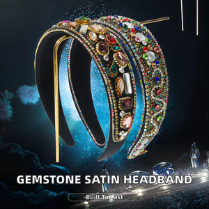 Bandeau pour cheveux pour femmes, en satin, avec strass, couleur unie, motif de fleurs douces, design de pierres précieuses irrégulières, 13 cm, pour les fêtes - Product Image 2