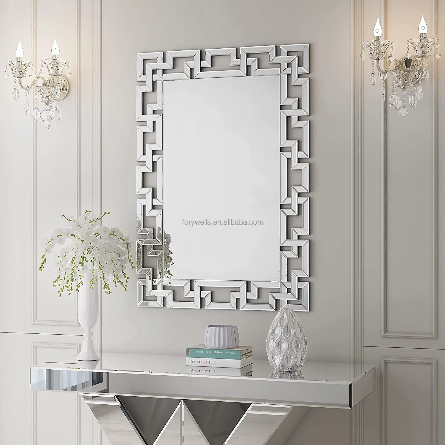French Luxury Modern Vanity Desk Bathroom Wall Hanging Hallway New Handmade Silver bevel Frameless Espejo Mirror for living room