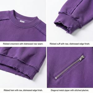 Heavyweight 280 Gsm 100% Cotton Crewneck Sweatshirt hot supplier Custom sports Distressed Zipper Pocket Oversized Men's <b>Hoodie</b> - Product Image 2