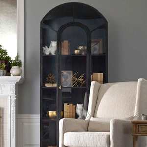 American Custom Modern Living Room <strong>Bookcase</strong> with Oak <strong>Wood</strong> and Glass Door Display Cabinet <strong>Solid</strong> Black Arch Wine Cabinet Locker - Product Image 2