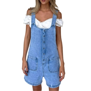 Combinaison courte en jean délavé vintage pour <span class=keywords><strong>femme</strong></span>, sans manches, boutonnée sur le devant, avec poches, bleu clair, style <span class=keywords><strong>bermuda</strong></span>, pour l'été - Product Image 1