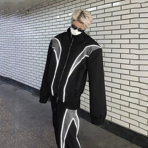 Ensembles pour hommes fermeture éclair col rabattu veste de couleur contrastée réfléchissante pantalon à jambes larges 2025 haute rue hommes survêtements de sport - Product Image 2