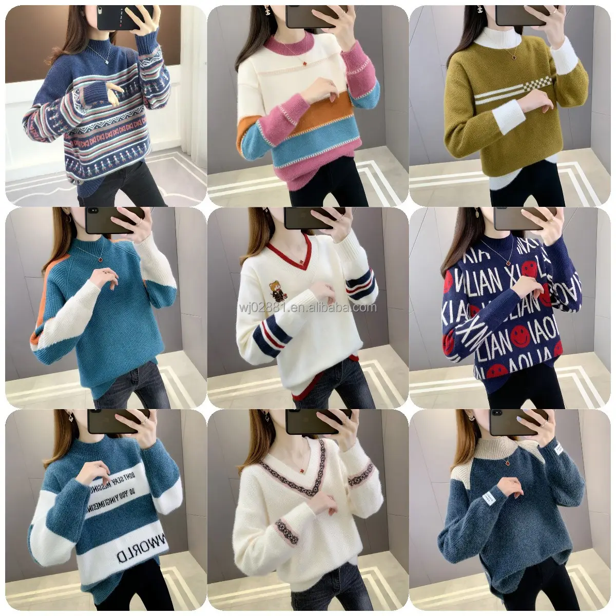 Kustom OEM & ODM Sweater Wanita rajutan lengan panjang pola Jacquard rajut pakaian wanita Sweater kardigan rajut wanita