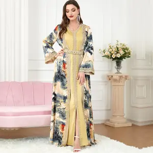 3218 Manufacture's Modest Floral Print Maxi Abaya Dress for Women Long Sleeve in Gold for Muslim Dress in Kuwait Saudi Arabia