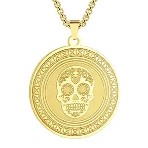 Yiwu Aceon Stainless Steel Carved Image Text Coin Raised Edge Line Women Floral Heart Forbidden Symbol Skull Pendant