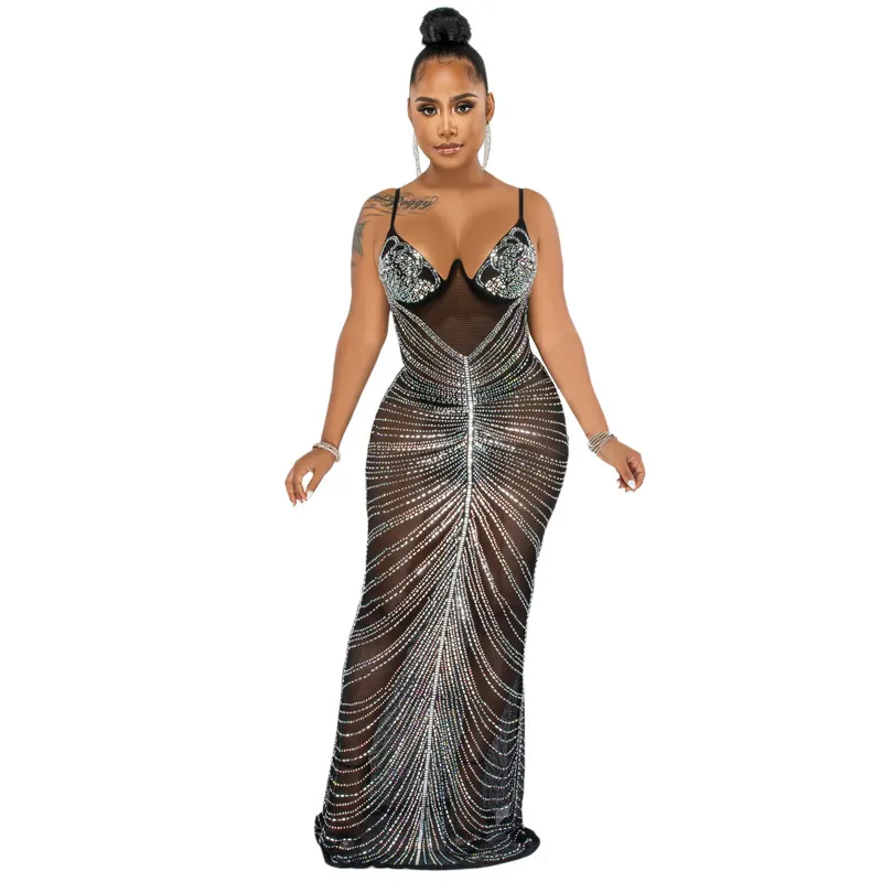 Formal Black Woman Rhinestone Sequin Dress Party Sexy 2023 Evening Dresses Vestido With Rhinestones