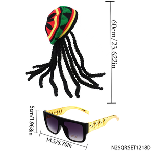 Conjunto Retro Rastafari de los 90 de PESENAR - Gorro de Punto con <span class=keywords><strong>Trenzas</strong></span>, Gafas de Sol Cuadradas Doradas - Product Image 3