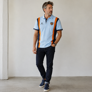 Polo de manga corta para hombre, estilo color block, para equipo de carreras, tejido piqué, con empalmes verticales, logotipo bordado personalizado, uniforme para club de motor. - Product Image 2