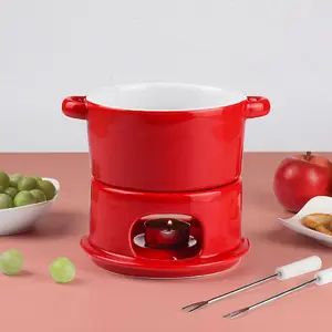 Custom Bulk Red Chocolate Melting Set Ceramic Cheese Fondue Pot with Forks