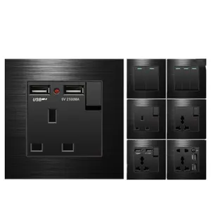 Depoguye UK usb wall socket, USB plug UK 13A wall power outlet, black aluminum panel universal switch with socket AC110V-250V