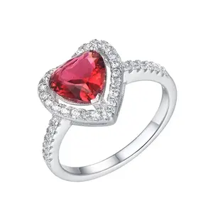 Keiyue Silver S925 Big Red Semi Heart Cut Gemstone Stone Ring Designs For Women Heart Ring