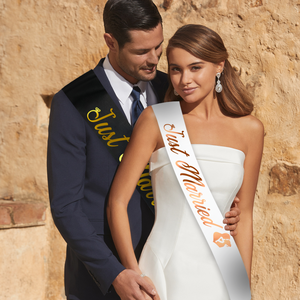 Kit Fascia in Raso 'Just Married' per Sposi, Set da 2 Pezzi con Stampa in Lamina Dorata, Accessori per Addio al Nubilato e Addio al Celibato, Staccabile - Product Image 5