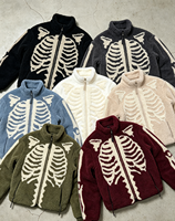 Veste Teddy Unisexe à Col Montant Personnalisé et Fermeture Éclair Intégrale, Motif Squelette Streetwear, en Polaire Sherpa Jacquard