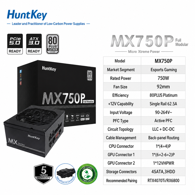 Huntkey MX750P 750W 80PLUS Platinum Fully Modular SFX ATX3.0 PCIe5.0 Gaming PC Power Supply