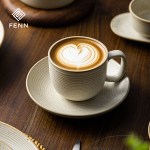 Cangkir Kopi Keramik Gaya Vintage FENN Custom dan Piring Saji, Mug Stoneware Berbintik Sesame, Keramik Jepang Lukisan Tangan, Hadiah Mug - Product Image 1