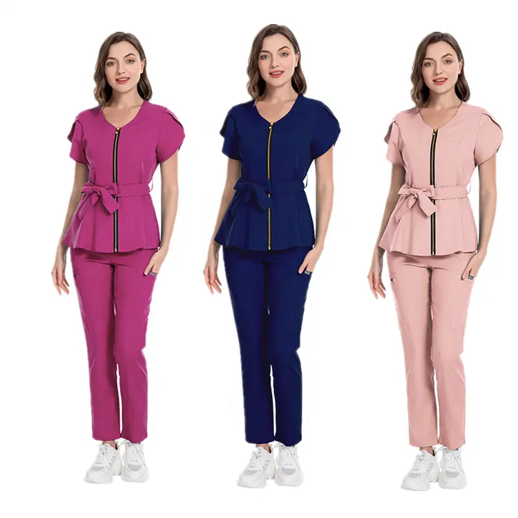 4 yollu streç kadın oem logo özel hemşire doktor hastane tıbbi elastik çalışma üniforması üst pantolon zip scscset scsuit suit