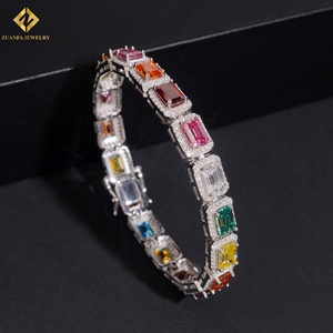 925 Sterling Silver VVS Moissanite <b>Rainbow</b> Emerald Cut Tennis <b>Bracelet</b> Halo Setting Colorful Gemstone Iced Out Geometric Jewelry - Product Image 2
