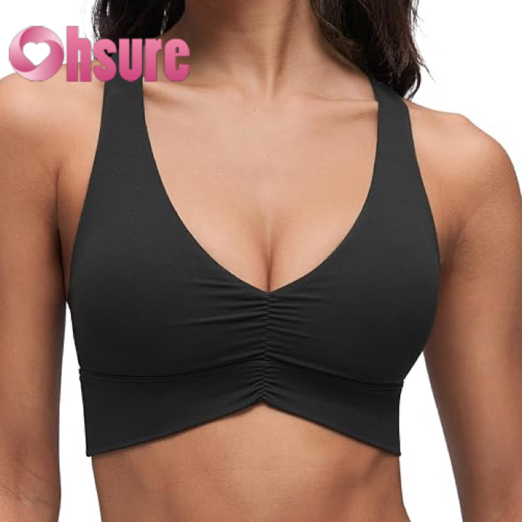 Women's Pleated Long Sports Bra - V-neck Padded Yoga Tank Top with Wide Straps, Cross Back, and Crop Top