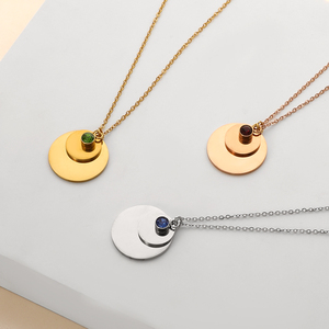 Kustom kosong baja nirkarat ukiran nama lingkaran ganda liontin kalung untuk wanita Dainty Batu lahir cakram kalung perhiasan hadiah - Product Image 4