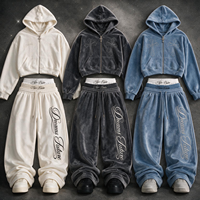 Survêtement en velours premium personnalisé avec logo pour femme, sweat à capuche court zippé avec strass, pantalon large, streetwear Y2K