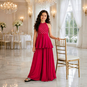 Ensemble Kurta et Plazo pour petites filles, style ethnique, été, sans manches, brodé, en polyester - Magnifique violet pour les occasions festives - Product Image 1