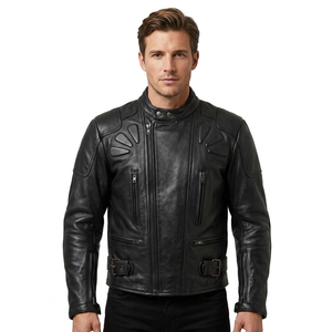 Blouson en cuir véritable noir pour homme, asymétrique, style motard, en cuir de vachette, avec poitrine rembourrée, boucle Sunburst, sangle, vêtement d'extérieur d'hiver personnalisé - Product Image 1