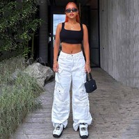 Jean baggy à jambe large pour femme, avec fermeture éclair, taille haute, 6 poches cargo, boutons, délavage clair/foncé, style vintage