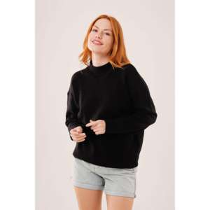 Pull en tricot noir basique pour femme, manches longues, décontracté, anti-boulochage, col côtelé - Product Image 5