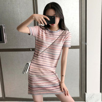Robe en tricot douce à col rond, à manches courtes, à rayures colorées d'été, décontractée et ample, version coréenne