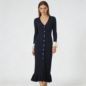 Abito <span class=keywords><strong>Midi</strong></span> Elegante OEM Autunno Inverno per Donna, Scollo a V, Slim Fit, Monopetto, Stile Lavorato a Maglia con Polsini a Contrasto e Maniche Svasate - Product Image 1