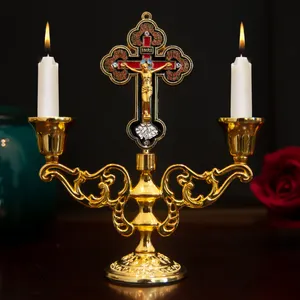 HT chiesa fornitore di accessori placcato oro chiesa ortodossa cattolica croce candelabro due braccia portacandele