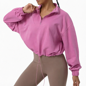 Sudadera Rosa Oversize para Mujer con Cremallera, Hombros Caídos, Manga Larga, Color Sólido, Tejido Transpirable, Ideal para Otoño - Product Image 1