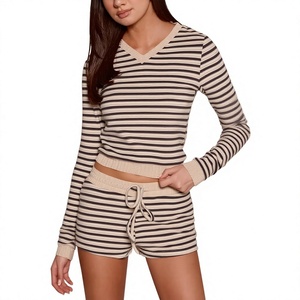 Custom OEM Logo 100% Cotton Ribbed 240 GSM Luxury Women's 2 Pieces Lounge <b>Set</b> Long Sleeve Stripe V-Neck T-Shirt & <b>Sexy</b> Hot Pant - Product Image 4