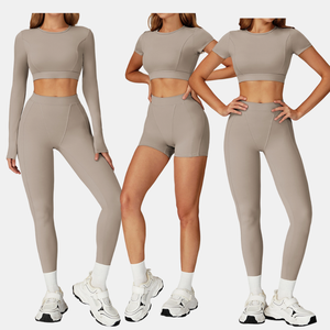 Ensemble de yoga complet pour femmes, ensemble de fitness cinq pièces, soutien-gorge ajustable, hauts courts, shorts taille haute, leggings de cheville, vêtements de sport - Product Image 4