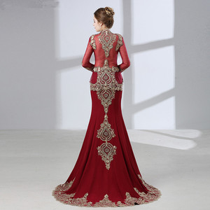 Vino di lusso rosso manica lunga musulmana Dubai Kaftans Pakistani abito da sera abito a sirena in pizzo dorato <span class=keywords><strong>con</strong></span> lungo scialle staccabile - Product Image 4