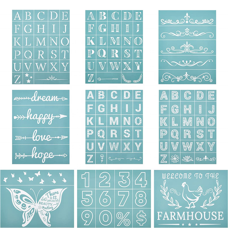 9PCS Self-Adhesive Silk Screen Stencil Set Alphabet Theme Stencil For Painting On Wood Fabric Wall
