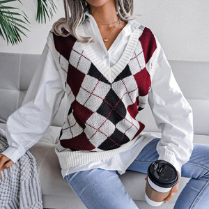 الخريف والشتاء نمط الكلية المعين V الرقبة عارضة فضفاض متماسكة سترة ملابس نسائية - Product Image 4