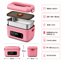 HTIM Kabellose Tragbare 1L Edelstahl-Lunchbox Elektrischer Aufladbarer Speisenwärmer mit Digitaler Steuerung und Timer-Funktion für Camping