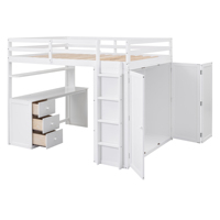 Lit mezzanine pleine grandeur avec tiroirs, bureau et armoire, lit mezzanine multifonctionnel en pin, blanc